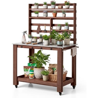 VEVOR Planttafel, Tuintafel, Werktafel voor in de tuin met roestvrijstalen blad, planken, 4 wielen, haken, Bloementafel, Verpottafel voor terras en tuin, Bruin, Plankmodel 1150x660x1695 mm