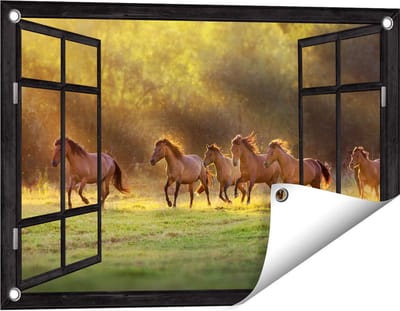 Gards Tuinposter Doorkijk Kudde Bruine Paarden in de Wei - 60x40 cm - Tuindoek - Tuindecoratie - Wanddecoratie buiten - Tuinschilderij