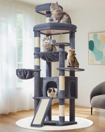 Krabpaal, 183CM Krabpaal Grote Kat XXL met 5 Krabpalen, Groot Platform, Ruim Grotten, Mand, Hangmat, Pluche Ballen MS045G Rook Grijs