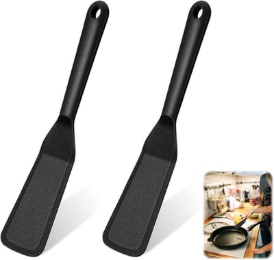 KZQ siliconen spatel - Hittebestendige, antiaanbak kookspatel met een lange, flexibele steel - geschikt voor omeletten, pannenkoeken, eieren en biefstukken - 2-pack, 5 x 25,25cm, zwart