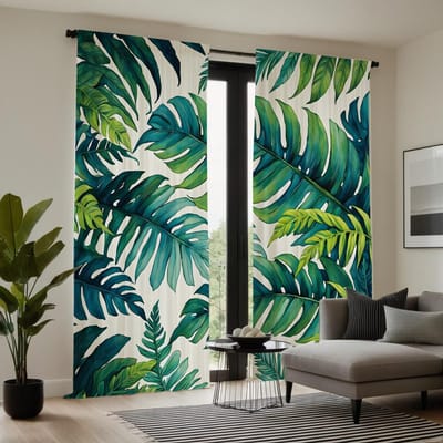 2 pièces avec rideau décoratif à feuilles de plantes tropicales nordiques HD Vert cravate rideau imprimé numérique Style de décoration de maison Décorat W52H63inchW132H160cm white