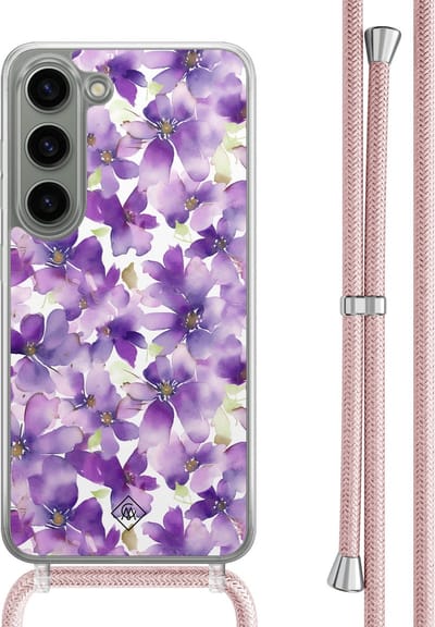 Casimoda® hoesje met rosegoud koord - Geschikt voor Samsung S23 - Floral Violet - Afneembaar koord - TPU/polycarbonaat - Paars
