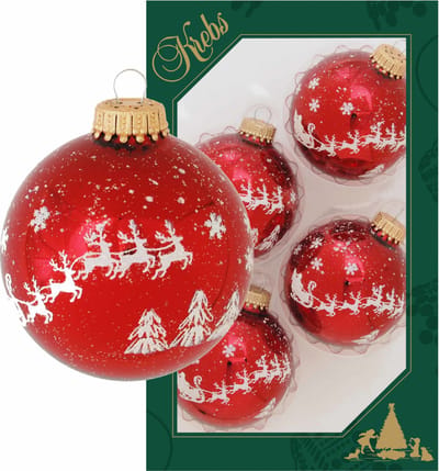 Krebs Kerstballen - 4x stuks - rood - rendieren opdruk - 7 cm - glans - gedecoreerd - Kerstversiering/kerstdecoratie