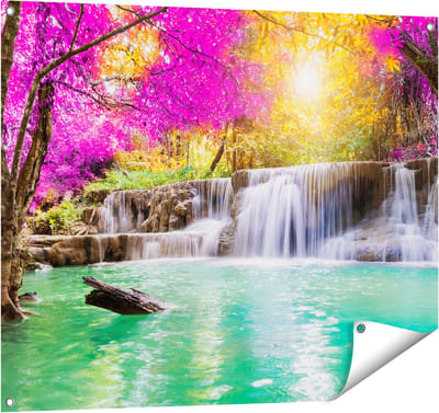 Gards Tuinposter Waterval met Groen Water en Roze Bladeren - 100x80 cm - Tuindoek - Tuindecoratie - Wanddecoratie buiten - Tuinschilderij
