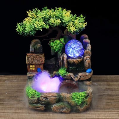 Dailygoods- Fontein met Planten - Tafel Waterval met Verlichting - Hars Decoratie - Luchtbevochtiger voor Binnen/Buiten - Eenvoudig te Installeren - Duurzaam Materiaal - Waterornament