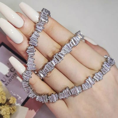 Luxe Trapeziumvormige Zirkoon Zilverkleur Bruid Dubai Sieradenset Ketting Armband Voor Vrouwen Bruiloft Kerstfeest Cadeau J6742 gray
