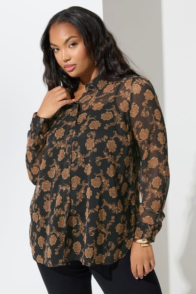 Yours London Zwart & Goudkleurig Chiffon Overhemd Met Bloemenprint Size 48