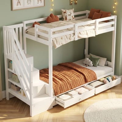 MODFU Hoogslaper met Slaapbank 90x200 cm – Verstelbare rugleuning (5 standen) – Opbergtrap & 2 lades – Wit hout/MDF – Kinderkamer