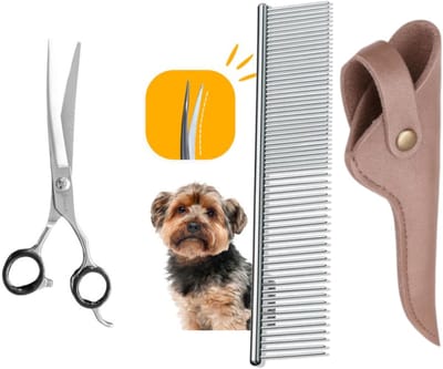 Professor Q Professionele Up Gebogen Hondenschaar – Zwart, 7.5 Inch (19.5 cm) – Ideaal voor Langharige Honden met Luxe Lederen Etui – 16,5 cm – Brons + Anti-Klit Kam – Pijnloos & Huisdiervriendelijk