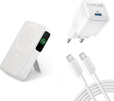Anker MagGo Power Bank - 15W draadloze powerbank - 10.000mAh + Anker 512 Nano Pro USB-C PIQ 3.0 sneloplader - Fast Charger - 20W + Anker 322 USB-kabel 1,8 m USB C Wit