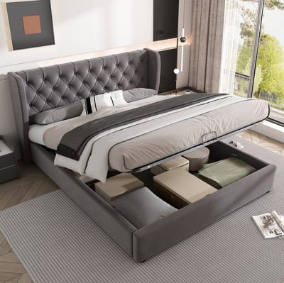 MEUNIQ gestoffeerd tweepersoonsbed 140x190 cm met hydraulische opbergruimte, lattenbodem en oorvormig hoofdbord, velours bedframe voor slaapkamer, grijs