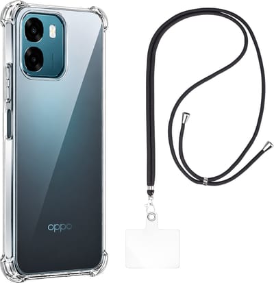 Set met hoesje en nekband voor Oppo A6 5G / A6x 4G / A6x 5G / A6T 4G / A6T 5G / A6K 5G - Backcover Shockproof siliconen Transparant, verstelbare universele nekband voor mobiele telefoons, zwarte nekband, transparante draagriem van Phonillico®
