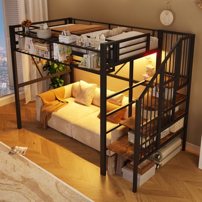 Hoogslaper 90 x 200 cm, Metalen Bed, Opstapje, Gaaselementen, Opbergmand, Open Opbergruimte Onder het Bed, Kinderbed met Led-lichtstrip, Exclusief Matras-Zwart