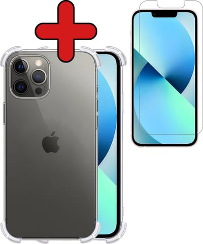 Hoesje - Met Screenprotector - Geschikt voor Apple iPhone 13 Pro - Sterk & Shockproof - Back Cover - Siliconen Case - Telefoon Hoes - Shock Proof - Telefoonhoes - Transparant
