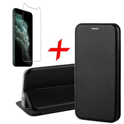 Hoesje geschikt voor iPhone 11 pro - book case cover Kunstleer wallet zwart + Screenprotector glas tempered glass screen protector full screen