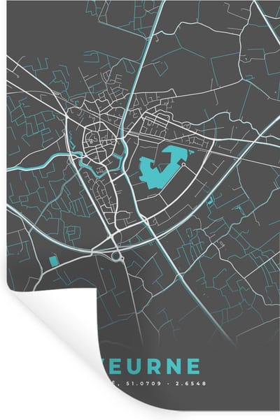 Muurstickers - Sticker Folie - België – Veurne – Stadskaart – Kaart – Blauw – Plattegrond - 20x30 cm - Plakfolie - Muurstickers Kinderkamer - Zelfklevend Behang - Zelfklevend behangpapier - Stickerfolie