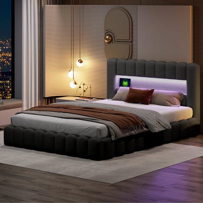 Tweepersoonsbed, 160x200 cm, gestoffeerd, met ingebouwd matras, zacht hoofdeinde, met LED- en USB-aansluiting, exclusief matrashoes, grijs