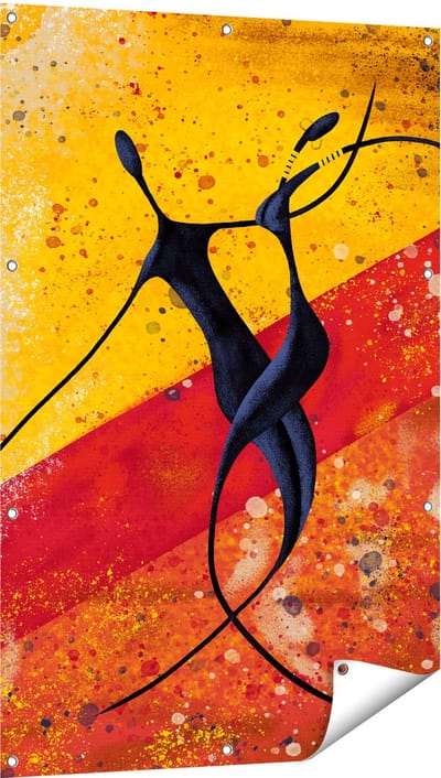 Gards Tuinposter Abstracte Kunst - Dansend Afrikaans Paar - 80x120 cm - Tuindoek - Tuindecoratie - Wanddecoratie buiten - Tuinschilderij