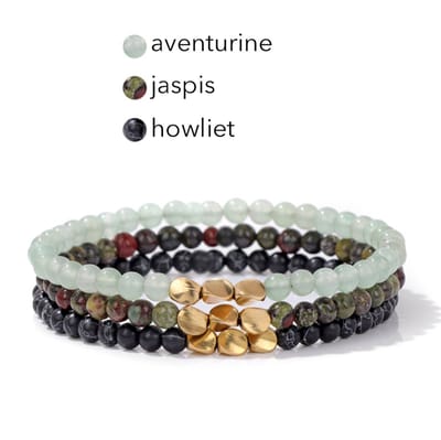Marama - armbanden set Tibet Groen - elastisch - edelstenen - aventurine - jaspis - howliet - damesarmband - set van 3