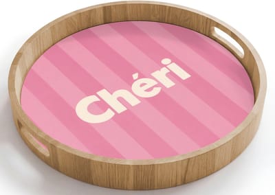 Dienblad rond 40x40 cm - Schootdienblad hout - Gestreept - Roze - Chéri - Borrelplank rechthoek - Plateau houten dienbladen