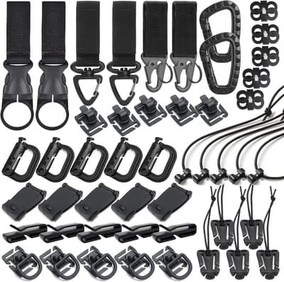 Famanu – 12-delige Molle-gearclipset met D-ringen, grimlocks en elastische bevestigingskoorden voor rugzakken en vesten