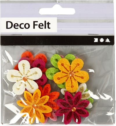 Bloemen van vilt met strassteen, d 30 mm, dikte 2,5 mm, 12 stuk/ 1 doos