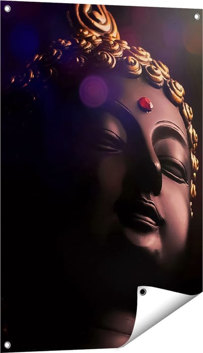 Gards Tuinposter Boeddha Beeld met Gouden Sierraden - 60x90 cm - Tuindoek - Tuindecoratie - Wanddecoratie buiten - Tuinschilderij