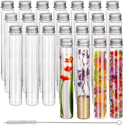 Dailygoods- Reageerbuisjes 25 Stuks - Helder Plastic - Schroefdoppen - Schoonmaakborstel - Herbruikbaar - Voedselveilig - 110ml - Testbuis