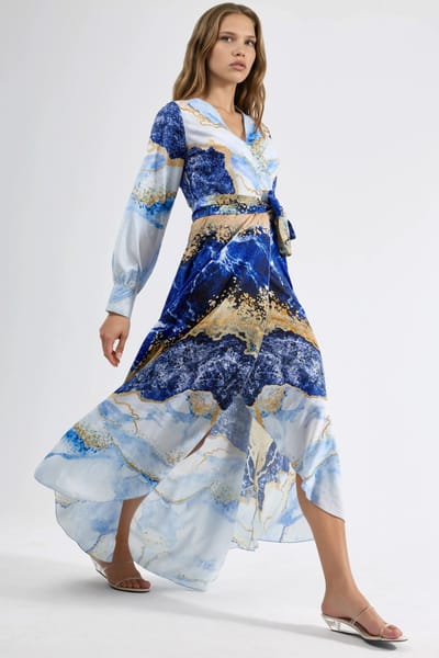 Abstracte Print Lange Mouw Maxi Jurk met Strikdetail
