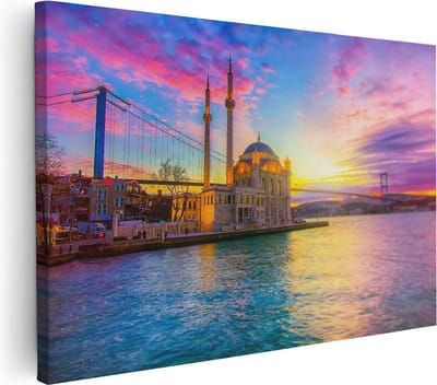 Artaza Canvas Schilderij Istanbul - 30x20 cm - Klein - Muurdecoratie Islamitisch - Wanddecoratie Zonsondergang - Kamer Accessoires