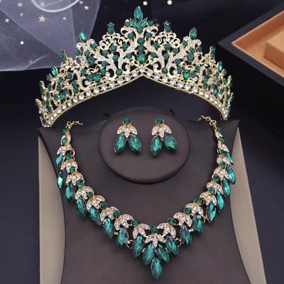 Luxe Groene Kristal Bloem Tiara's Kroon Sets voor Koningin Verkiezing Ketting Oorbel Sets Trouwjurk Bruidssieraden Set voor Vrouwen gray