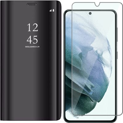 Hoesje geschikt voor Samsung Galaxy S21 FE - Book Case Mirror Reflection Wallet Cover Booktype Hoes Zwart - Screenprotector Beschermglas Gehard Glas Tempered Glass Screen Protector