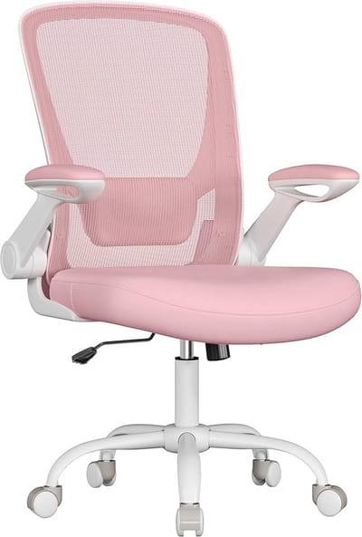 Bobbel Home - Bureaustoel Ergonomisch - Bureaustoel inklapbare armleuning, - Metalen Onderstel – met - Wieltjes - 360° Draaibare Stoel - Verstelbare Lendensteun – Ruimtebesparend - Roze