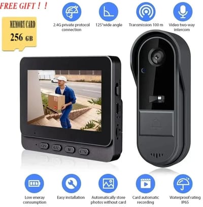 Deliqa video deurbel - met scherm - 4.3 inch / 2.4G - met SD-kaart 256 GB - zwart - twee weg intercom - handsfree - draadloos - IP65