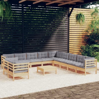 vidaXL - 12-delige - Loungeset - met - grijze - kussens - massief - grenenhout