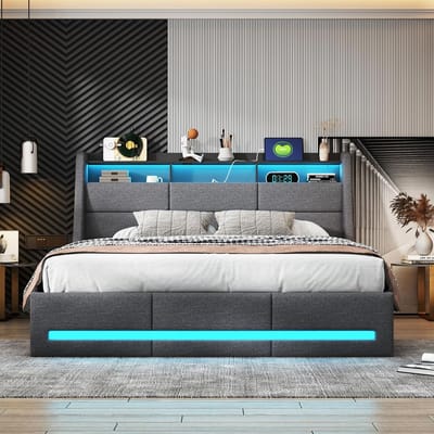 Gestoffeerd Tweepersoonsbed 160x200 cm met Uitschuifbare Opbergruimte, Hoofdeinde en LED-Verlichting
