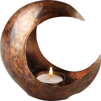 Dekoratief | Theelichthouder maan 'Copper Cosmos', metaal, 14x9x13cm | A248286