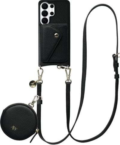 AVY Leren Hoesje geschikt voor Samsung Galaxy S26 Ultra | Met Koord, Wallet en Pouch | Compatibel met MagSafe | Leather Case met 130CM Koord | Long Leather | Zwart