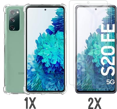 HB Hoesje Geschikt voor Samsung Galaxy S20 FE - Transparant - Anti Shock Hybrid Back Cover + 2X Glazen Screenprotector