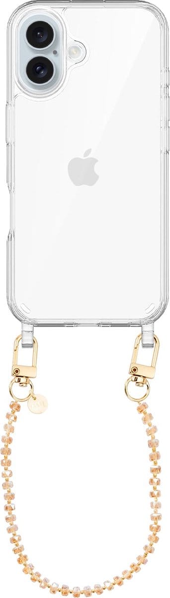 xoxo Wildhearts siliconen hoesje geschikt voor iPhone 16 Plus hoesje - Crystal (Bruin) - Telefoonhoesje - Hoesje met koord - Kristal ketting - Kristallen met gouden details - kort telefoonkoord - Transparant hoesje