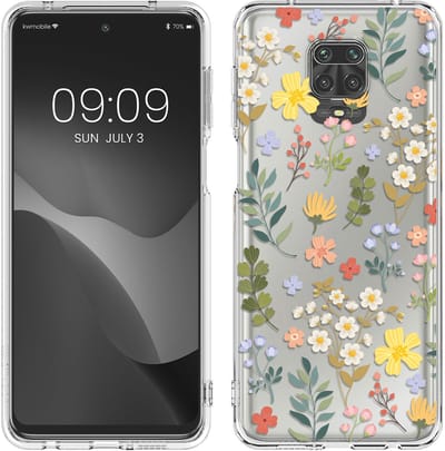 kwmobile telefoonhoesje geschikt voor Xiaomi Redmi Note 9S / 9 Pro / 9 Pro Max - Hoesje voor smartphone in geel / groen / transparant - Charmante bloemen design