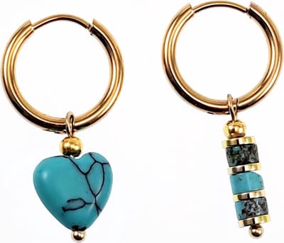 ∅16mm Oorringen met Turquoise Stenen - Verguld Stalen - Dames Oorbellen met Hart en Buis Hangers