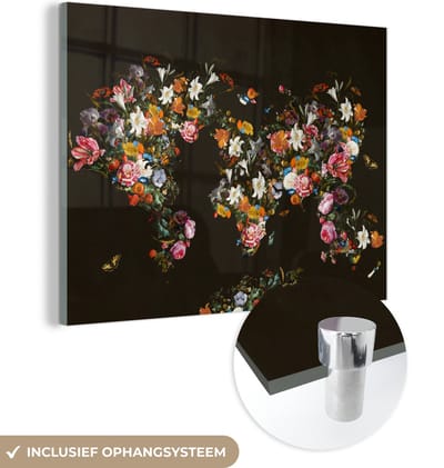 MuchoWow® Glasschilderij 80x60 cm - Schilderij acrylglas - Wereldkaart - Bloemen - Insecten - Foto op glas - Schilderijen