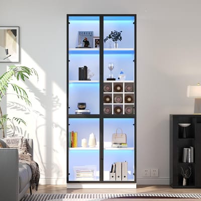 Pugsdrly Vitrinekast 80*35*200 cm, glazen vitrinekast met glazen deuren en ledverlichting, hoge kast, boekenkast, staande vitrinekast, wijnkast Elegante buffetkast met dubbele deuren, glazen plank en wijnrek
