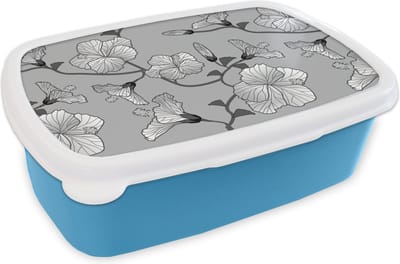Broodtrommel Blauw - Lunchbox - Brooddoos - Hibiscus - Grijs - Tropisch - Patroon - 18x12x6 cm - Kinderen - Jongen