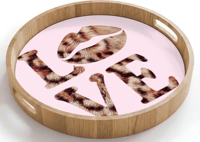 Dienblad rond 40x40 cm - Schootdienblad hout - Tekst - Love - Pantervacht - Lichtroze - Borrelplank rechthoek - Plateau houten dienbladen
