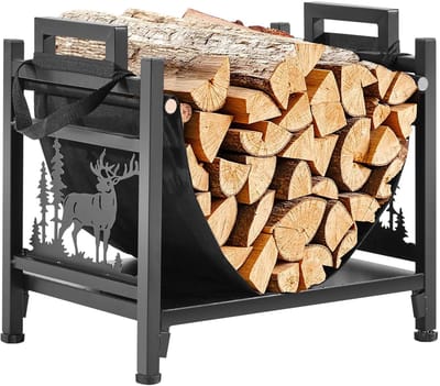 MakkelijkMooi Brandhoutrek voor binnen - Gebogen Hout houder - Gepoedercoat staal Brandhouthouder voor Openhaard - Zwart met Elandmotief