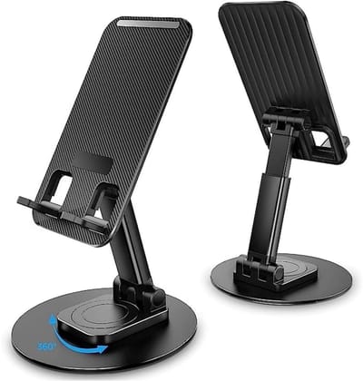 Verstelbare opvouwbare telefoonhouder | Dock-tafelhouder Geschikt voor alle smartphones, tablets, Kindle, iPad, stabiele metalen basis | 360° draaibaar | Aluminium (zwart)