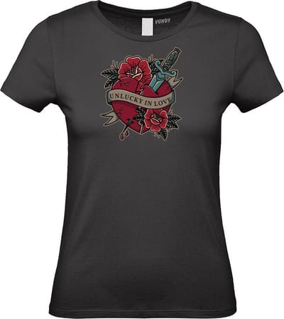 Dames T-shirt Unlucky In Love | valentijn cadeautje voor hem haar | valentijn | valentijnsdag cadeau | Zwart dames | maat XS