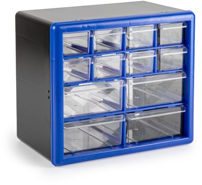 Plasticforte Sorteerbakjes spijkers/schroeven - 12x lades - 26 x 16 x 23 cm - opbergkastjes - ophangbaar - blauw/transparant